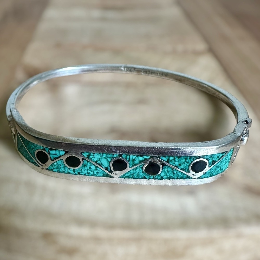VTG Mexico Hinged Bangle Bracelet‎ 6.25 Inch Turquoise Onyx 925 Sterling 14.3g